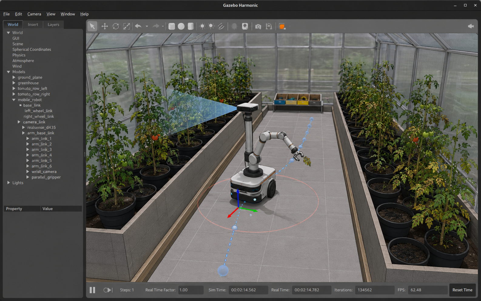 Gazebo Harmonic simulator showing the RAISE-Bot inside the greenhouse world