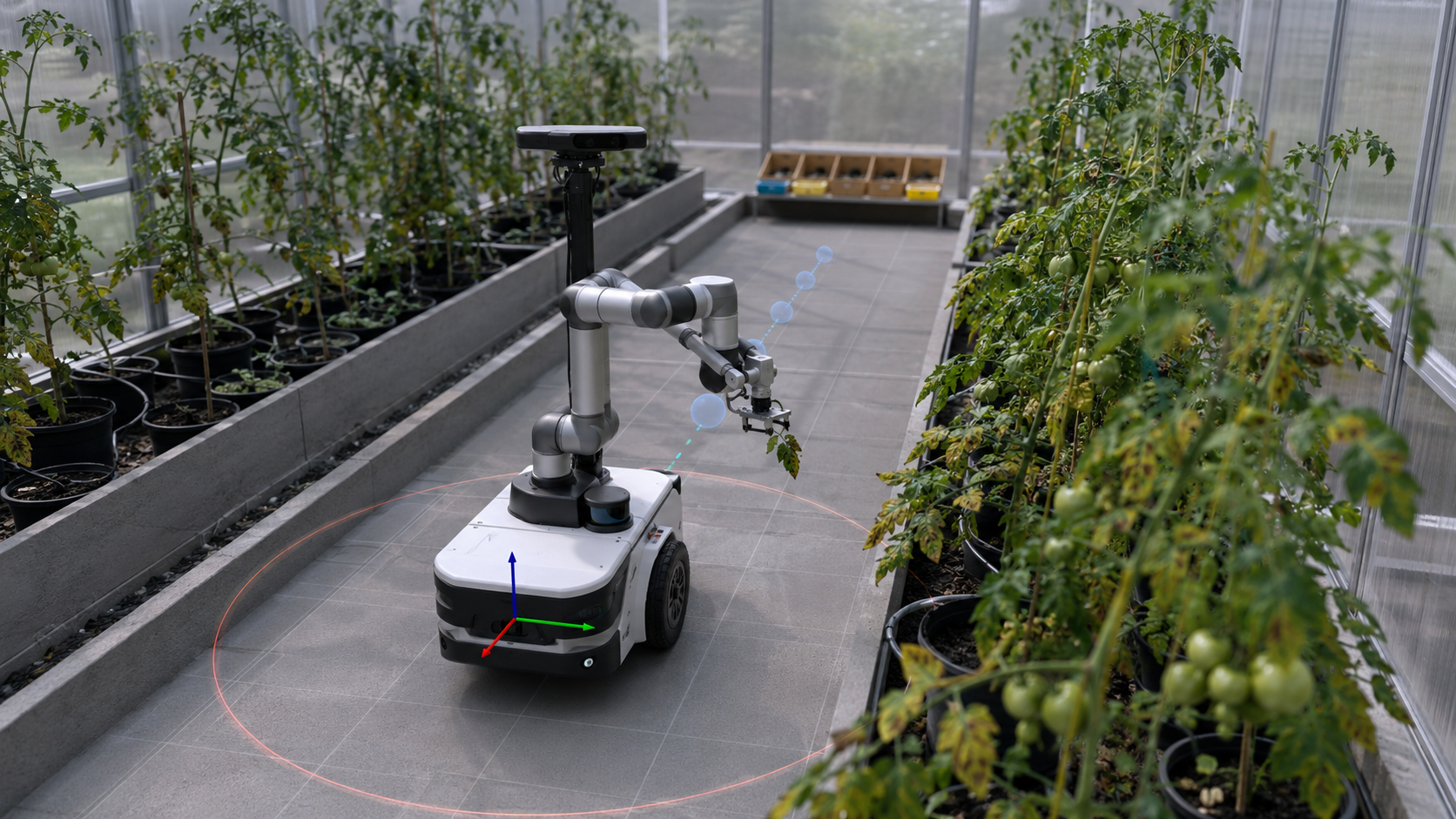 RAISE-Bot 2026 inspecting tomato plants in a greenhouse simulation